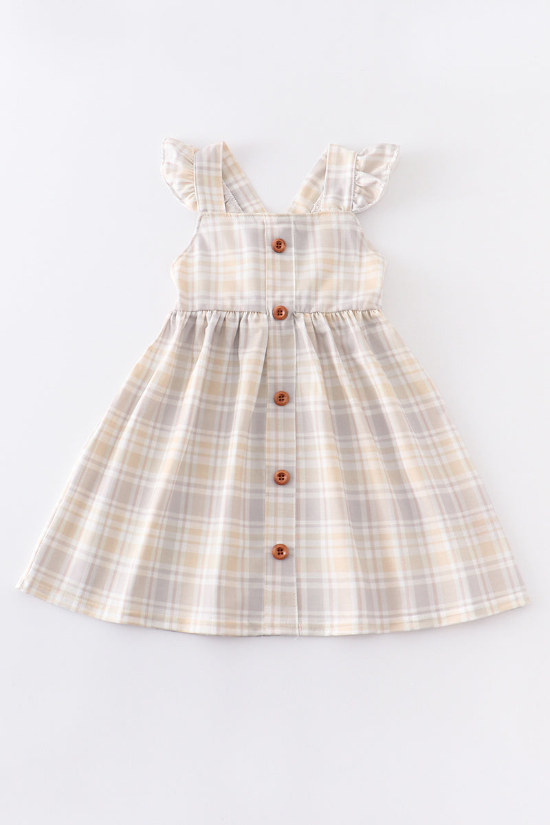 Plaid flutter trim buttons girl dress