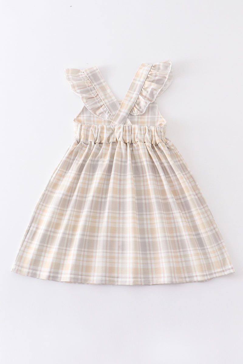 Plaid flutter trim buttons girl dress