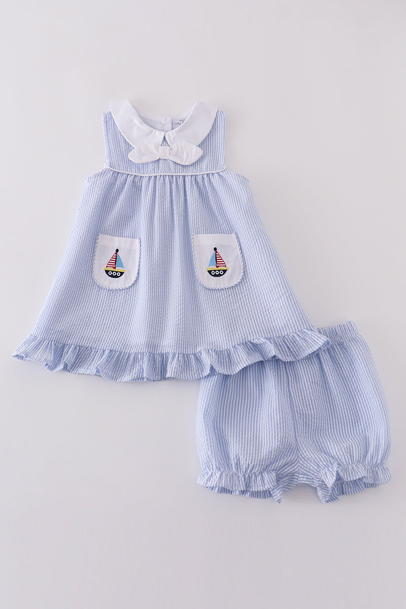 Premium Blue sailboat embroidery bloomer set - Ella Jane Lifestyle Boutique
