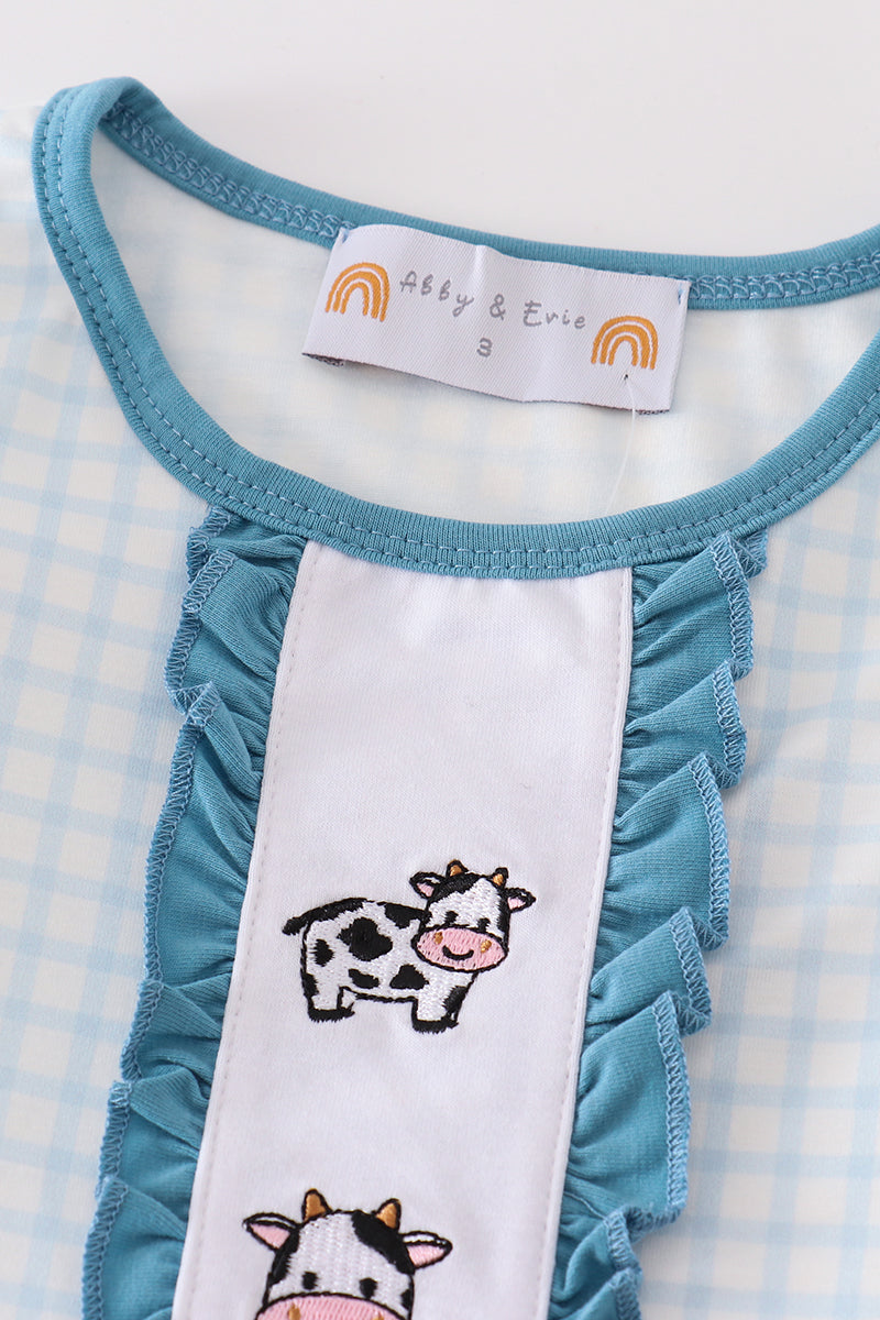 Blue gingham cow embroidery girl pajamas set - Ella Jane Lifestyle Boutique