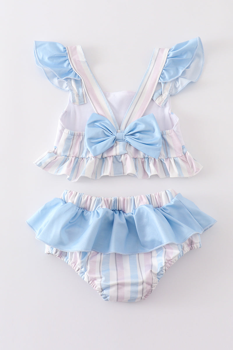 Traje de baño de 2 piezas para niña con rayas de nudo francés y cangrejo