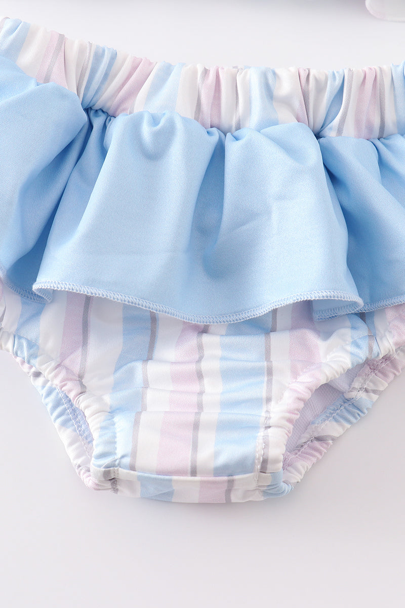Traje de baño de 2 piezas para niña con rayas de nudo francés y cangrejo