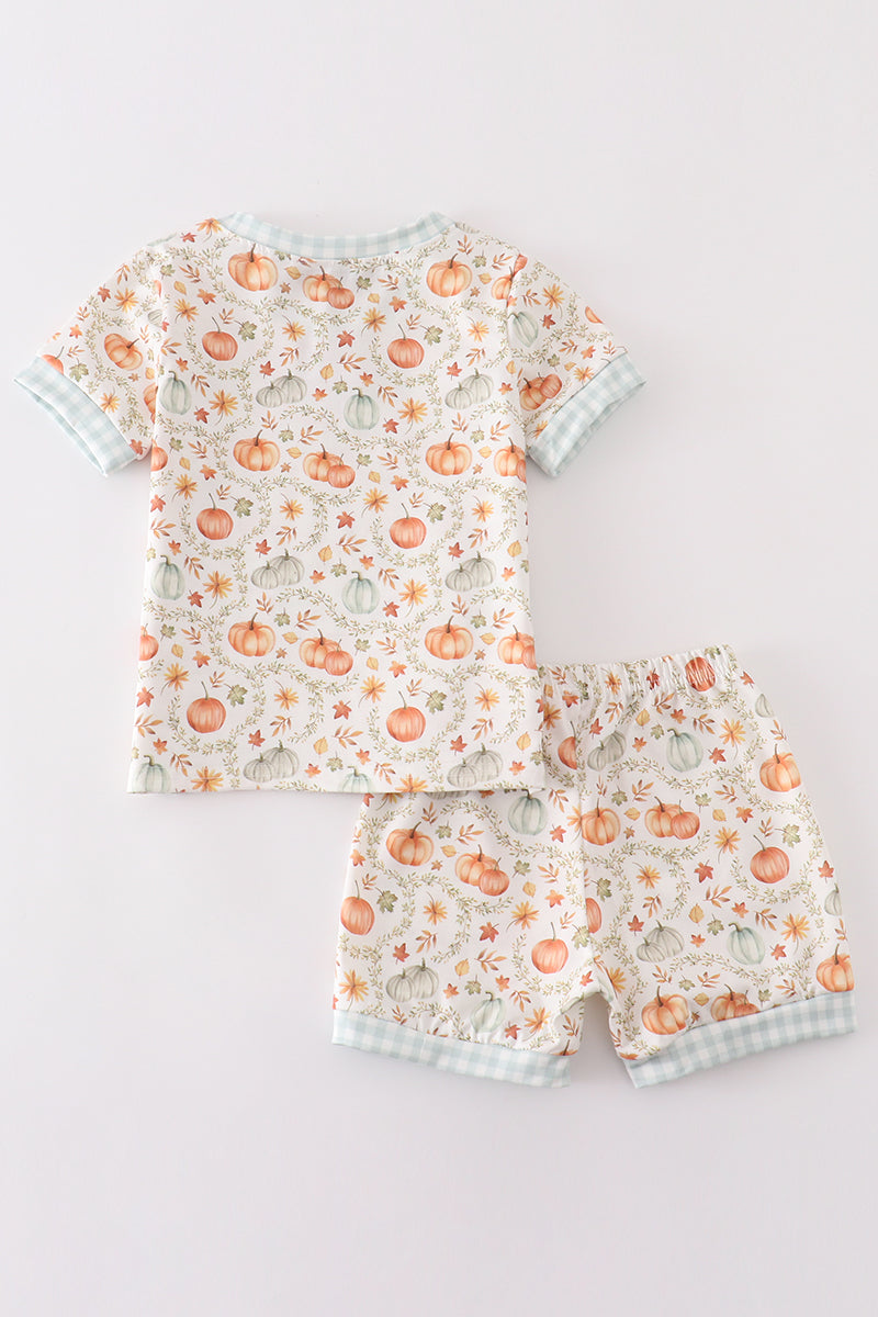 Conjunto de pantalones cortos con volantes para niña con estampado de calabaza verde
