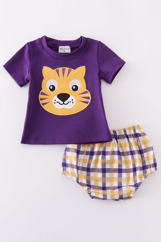 Conjunto de pantalones bombachos con apliques de LSU en dorado morado