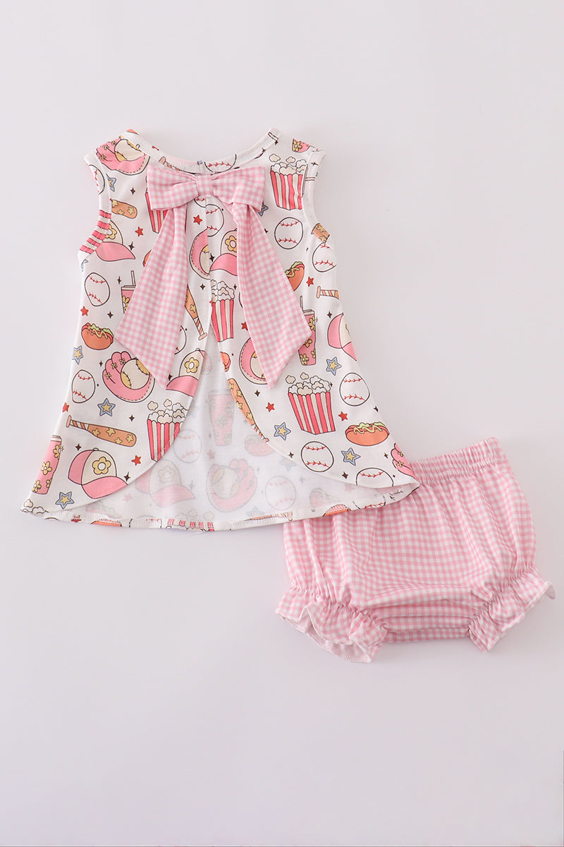 Conjunto de pantalones bombachos de cuadros vichy con estampado de béisbol rosa
