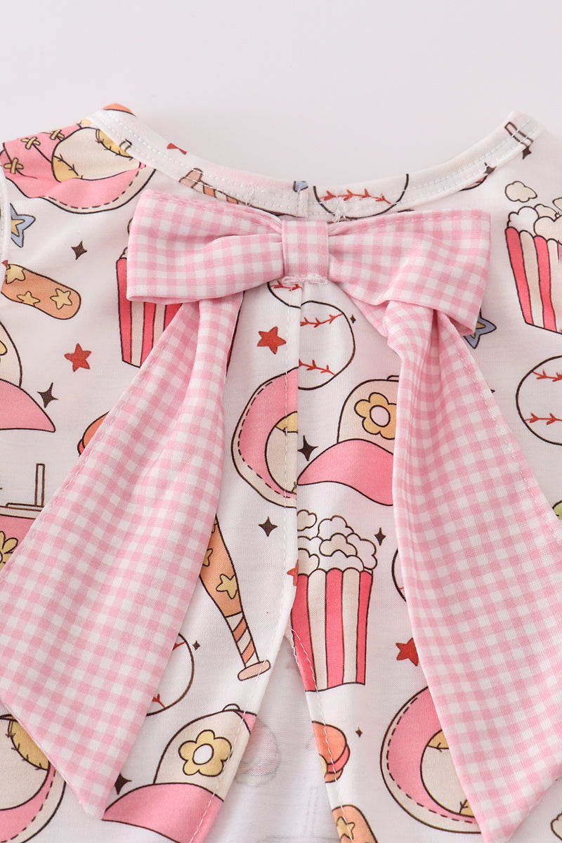 Conjunto de pantalones bombachos de cuadros vichy con estampado de béisbol rosa