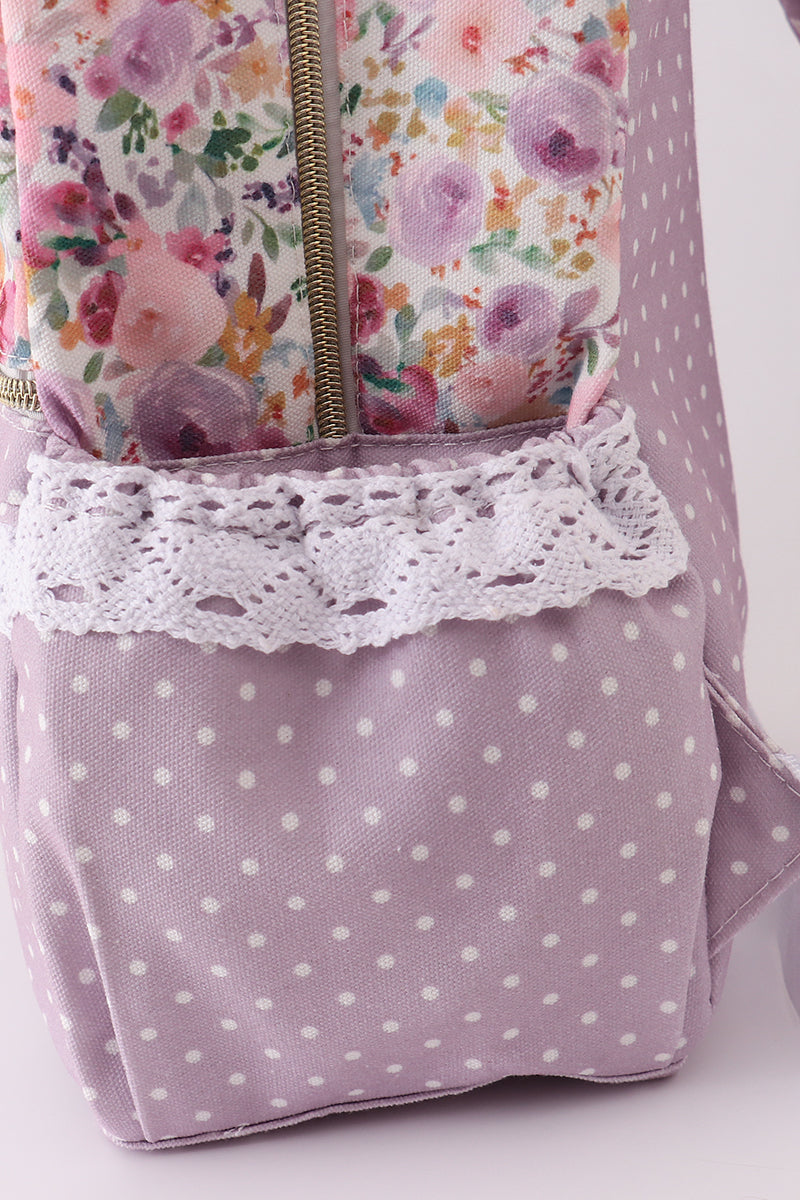 Purple floral print canvas ruffle backpack