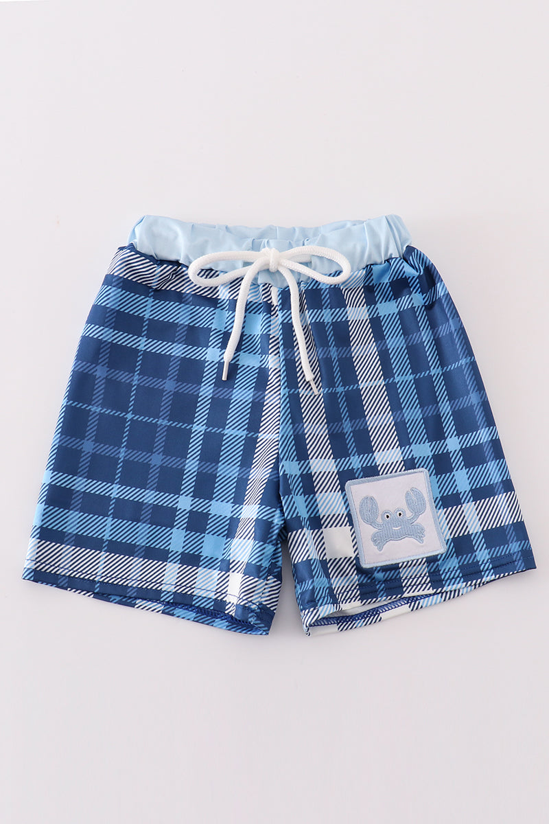 Navy plaid crab embroidery boy swim trunks - Ella Jane Lifestyle Boutique
