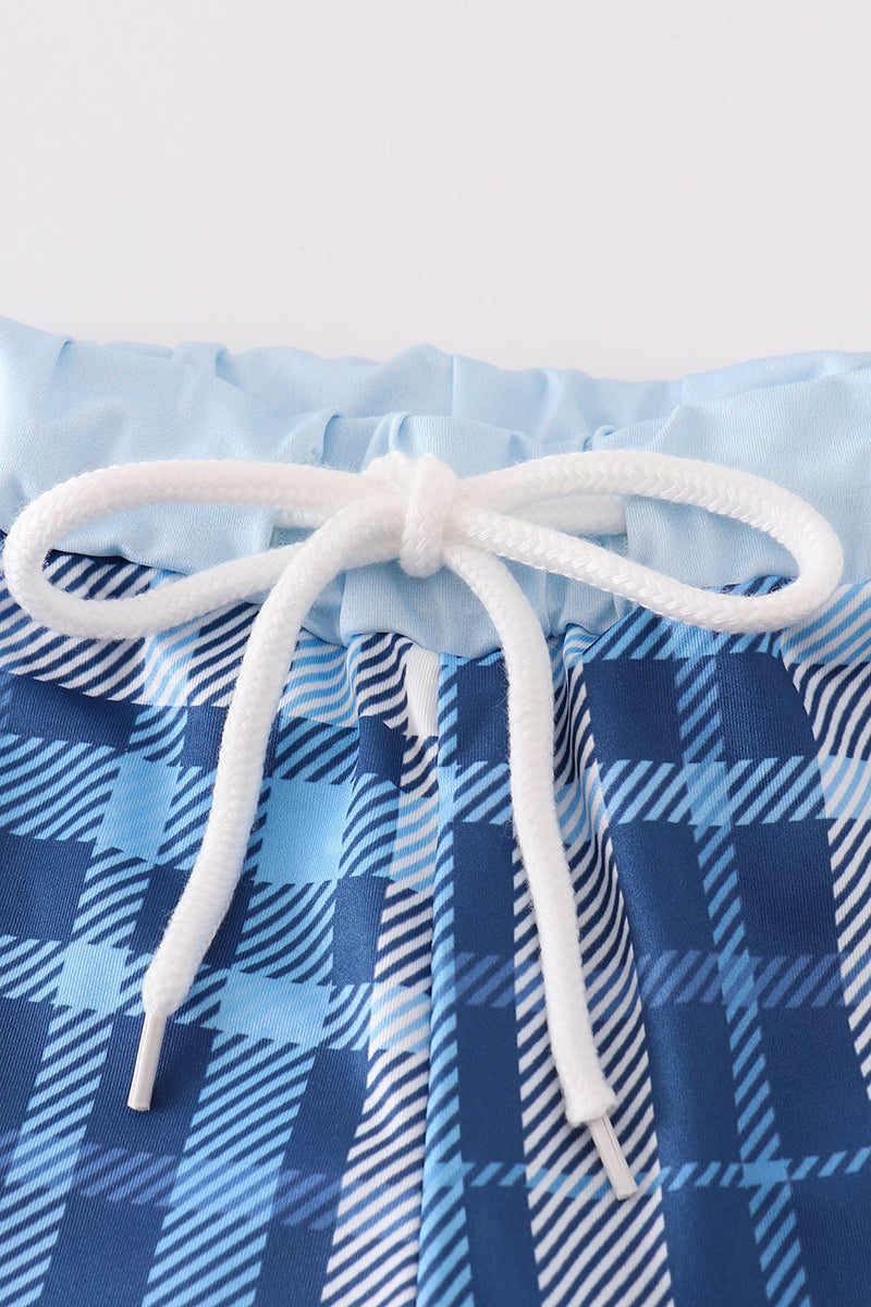 Navy plaid crab embroidery boy swim trunks - Ella Jane Lifestyle Boutique