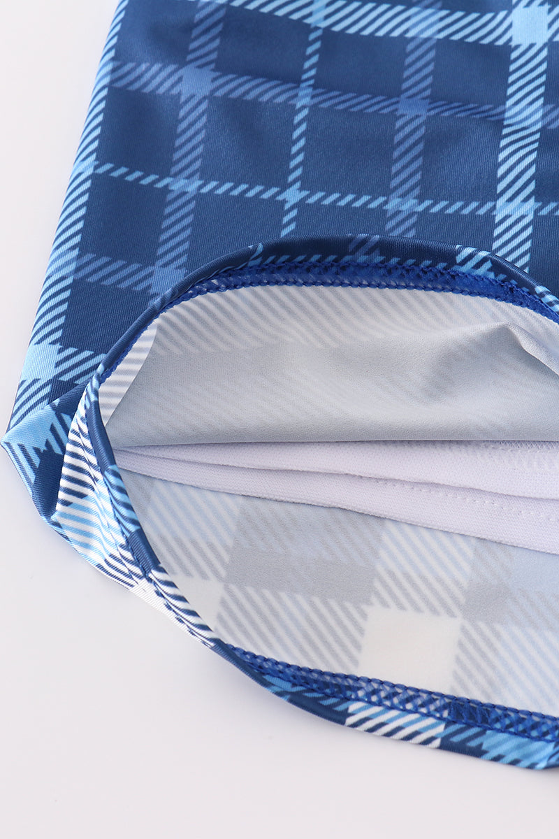 Navy plaid crab embroidery boy swim trunks - Ella Jane Lifestyle Boutique