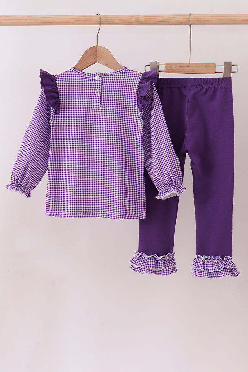 Conjunto de pantalones con volantes de cuadros vichy bordados de fútbol americano LSU Tiger de primera calidad en morado