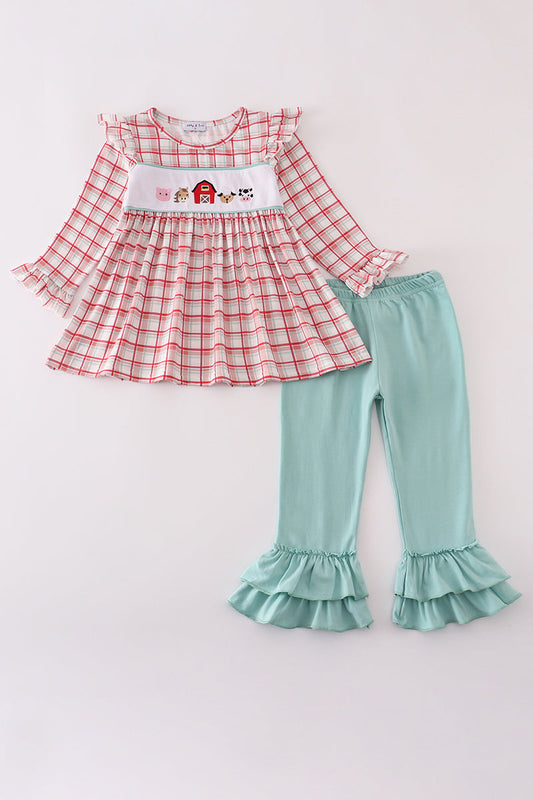 Red plaid farm embroidery ruffle pants set