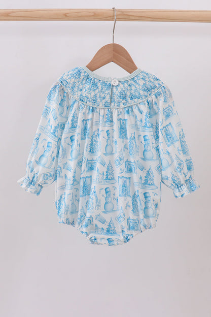 Blue snowman christmas tree smocked bubble