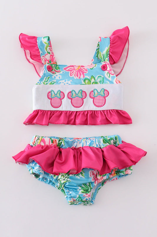 Traje de baño de 2 piezas para niña con apliques florales en color rosa