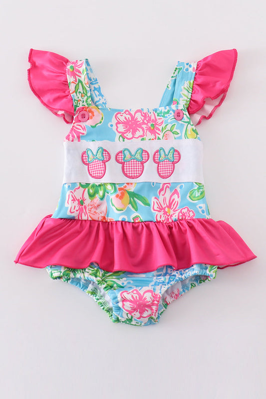 Traje de baño para niña con apliques florales en color rosa