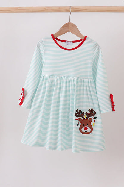 Blue reindeer applique stripe dress