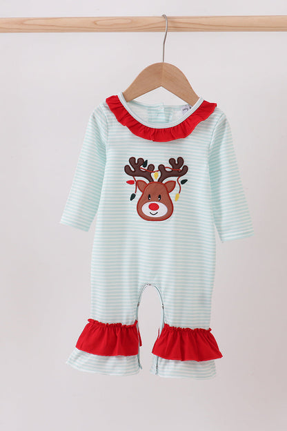 Blue reindeer applique stripe ruffle romper