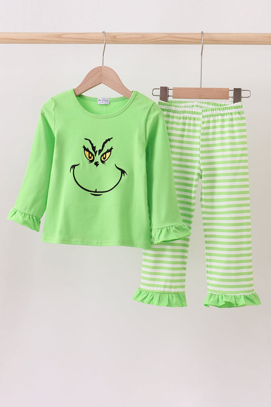 Green grinch embroidery ruffle pajamas girl set