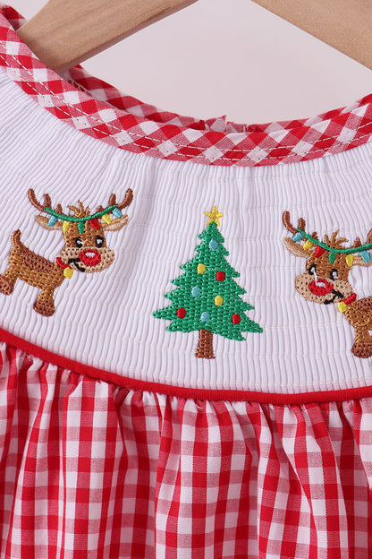 Red woven christmas tree reindeer smocked romper