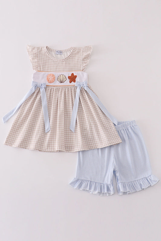 Khaki shells starfish french knot girl set - Ella Jane Lifestyle Boutique
