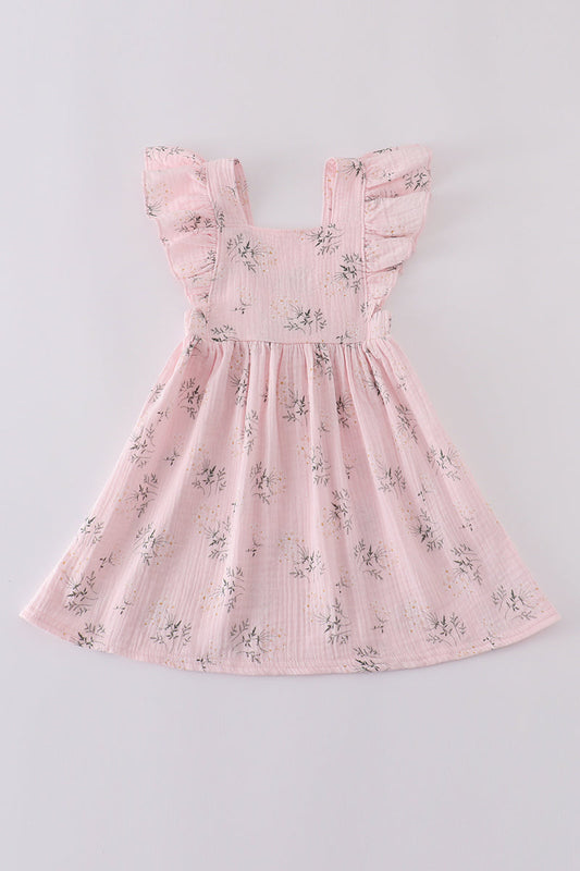 Pink floral print muslin girl ruffle dress - Ella Jane Lifestyle Boutique