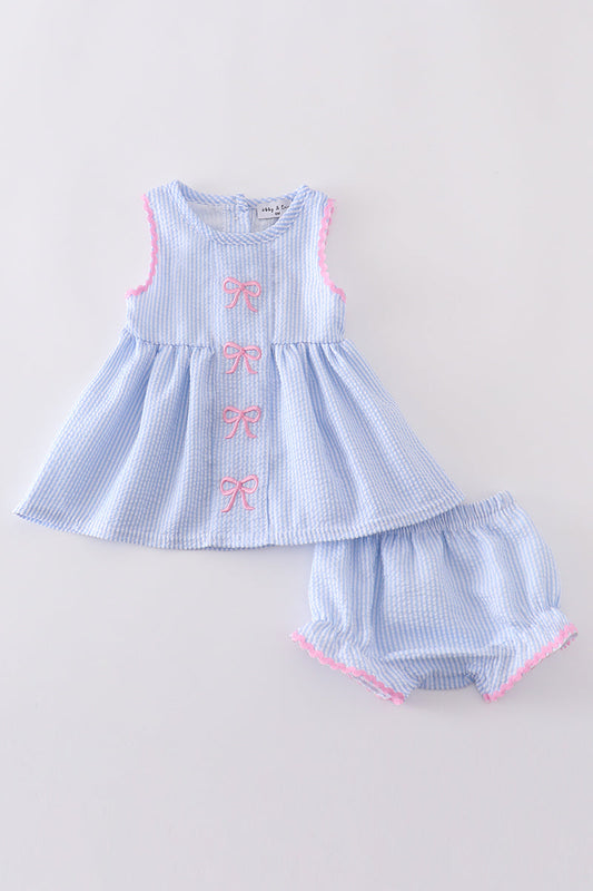 Blue striped seersucker bow embroidery girl bloomers set