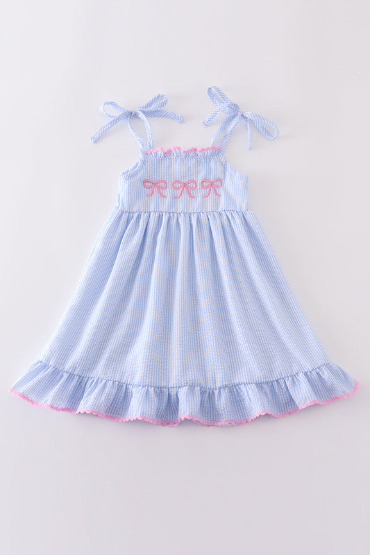 Blue striped seersucker bow embroidery girl dress
