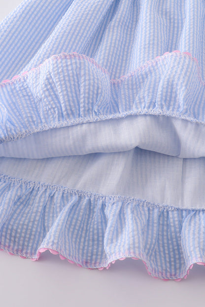 Blue striped seersucker bow embroidery girl dress