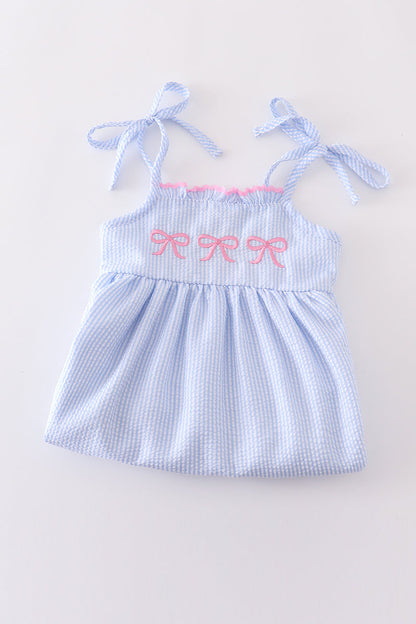 Blue striped seersucker bow embroidery girl dress