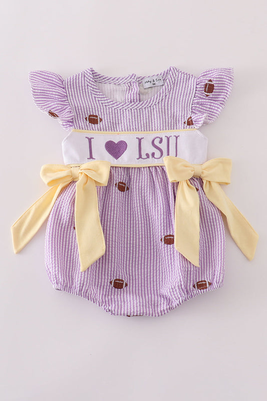 Purple stripe seersucker football I love LSU embroidery bubble