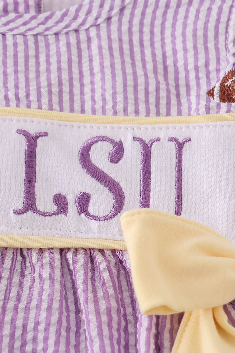 Purple stripe seersucker football I love LSU embroidery bubble