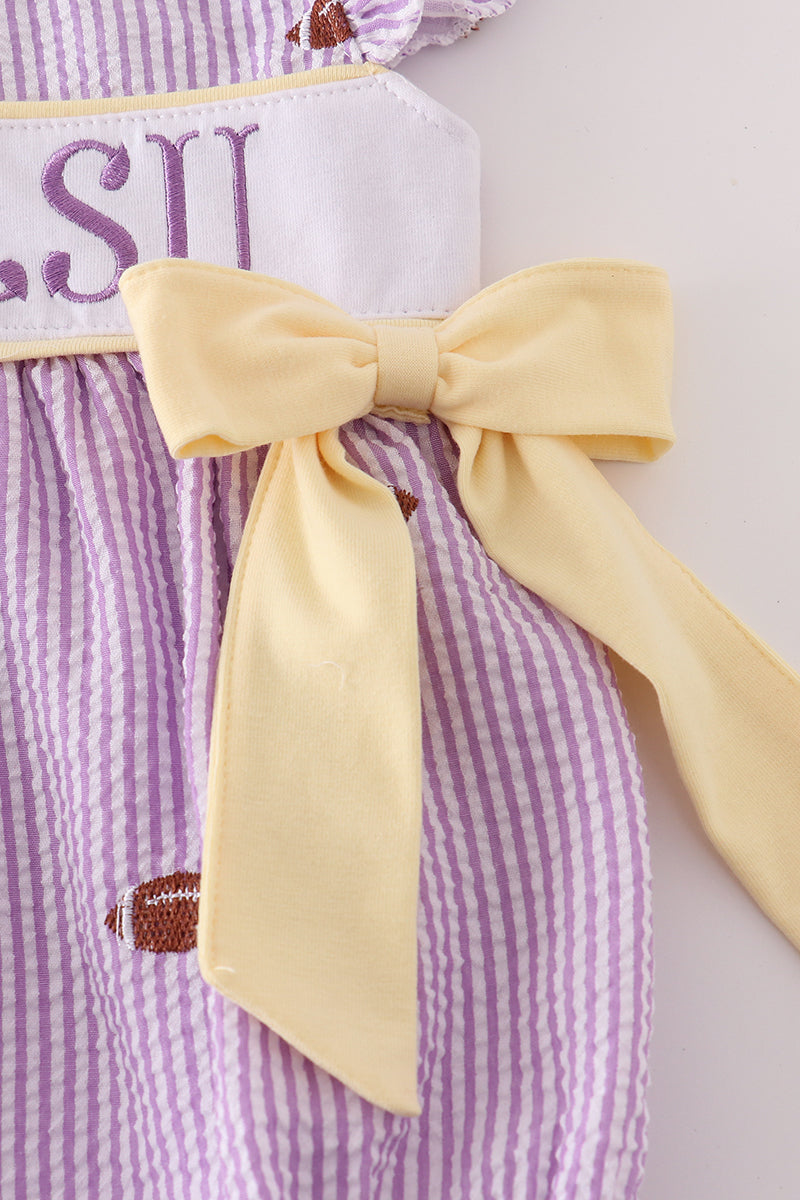 Purple stripe seersucker football I love LSU embroidery bubble