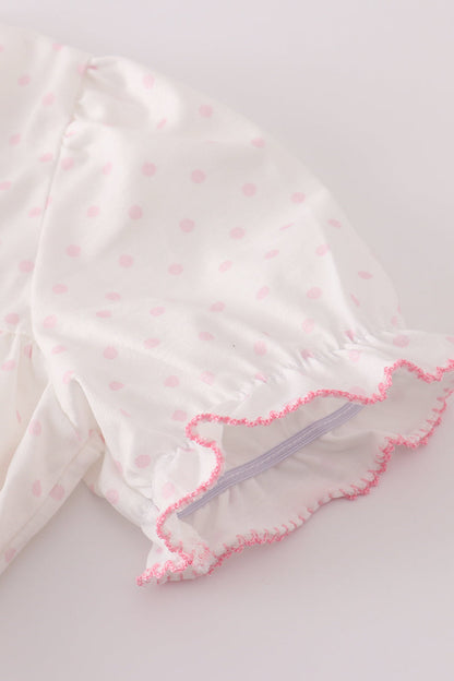Pink bow embroidery dot ruffle pants set