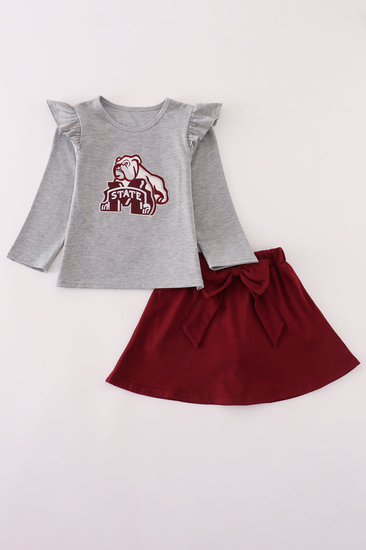 Maroon Mississippi embroidery bow skorts girl set
