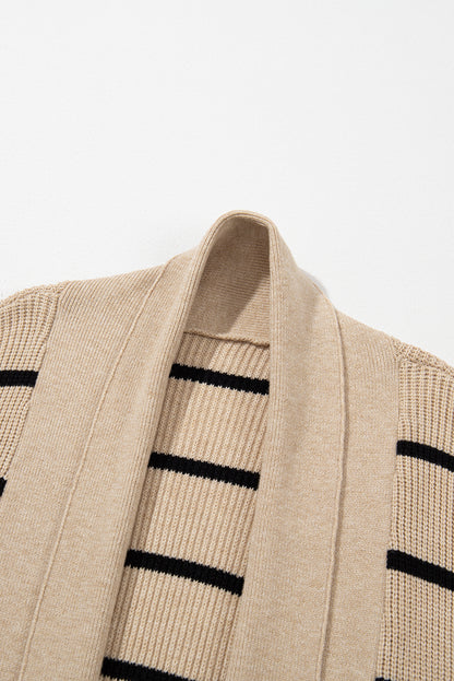 Black Stripe Side Pockets Open Front Cardigan
