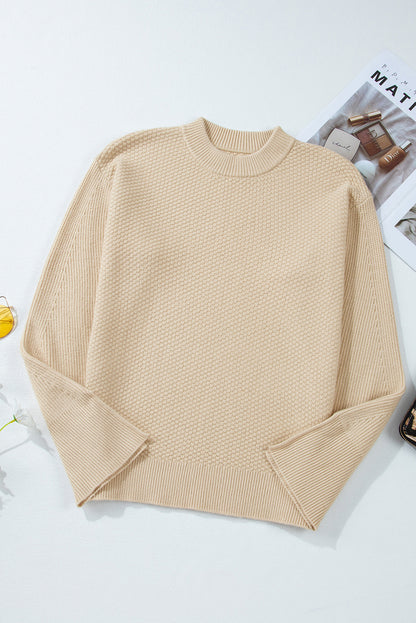 Parchment Solid Textured Knit Split Cuff Drop Shoulder Sweater