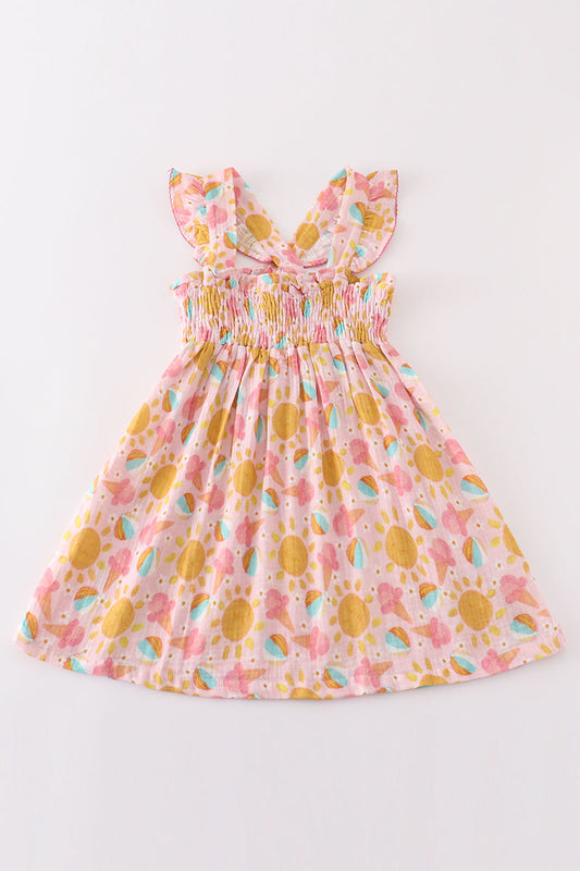 Premium Pink muslin sun ice cream smocked ruffle dress - Ella Jane Lifestyle Boutique