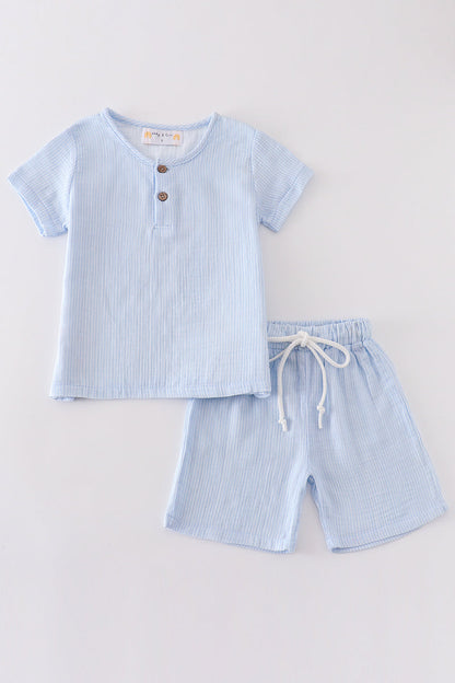 Premium Blue muslin stripe boy shorts set - Ella Jane Lifestyle Boutique