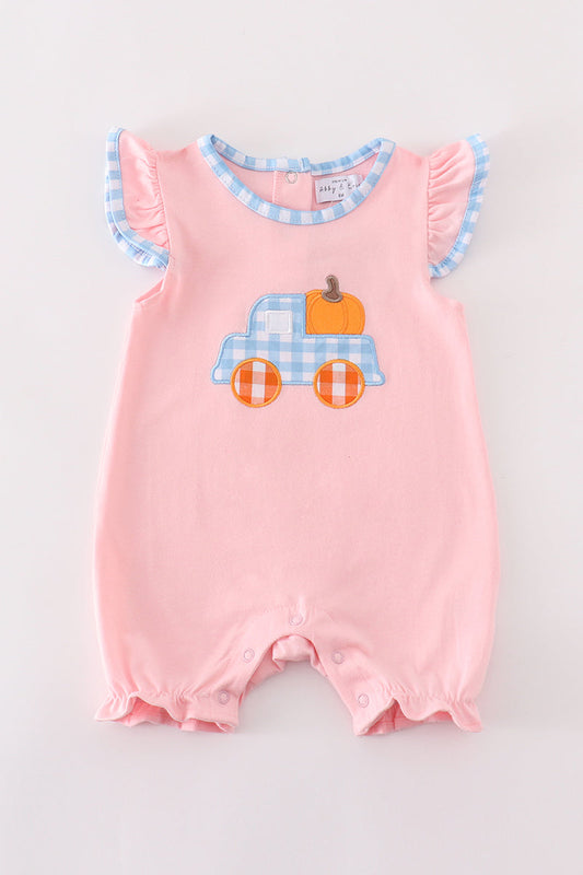 Pink truck pumpkin embroidery girl romper - Ella Jane Lifestyle Boutique