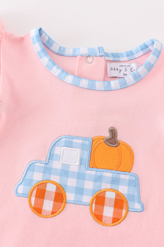 Pink truck pumpkin embroidery girl romper - Ella Jane Lifestyle Boutique