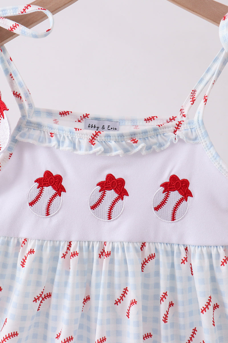 Baseball applique girls ruffle gingham dress