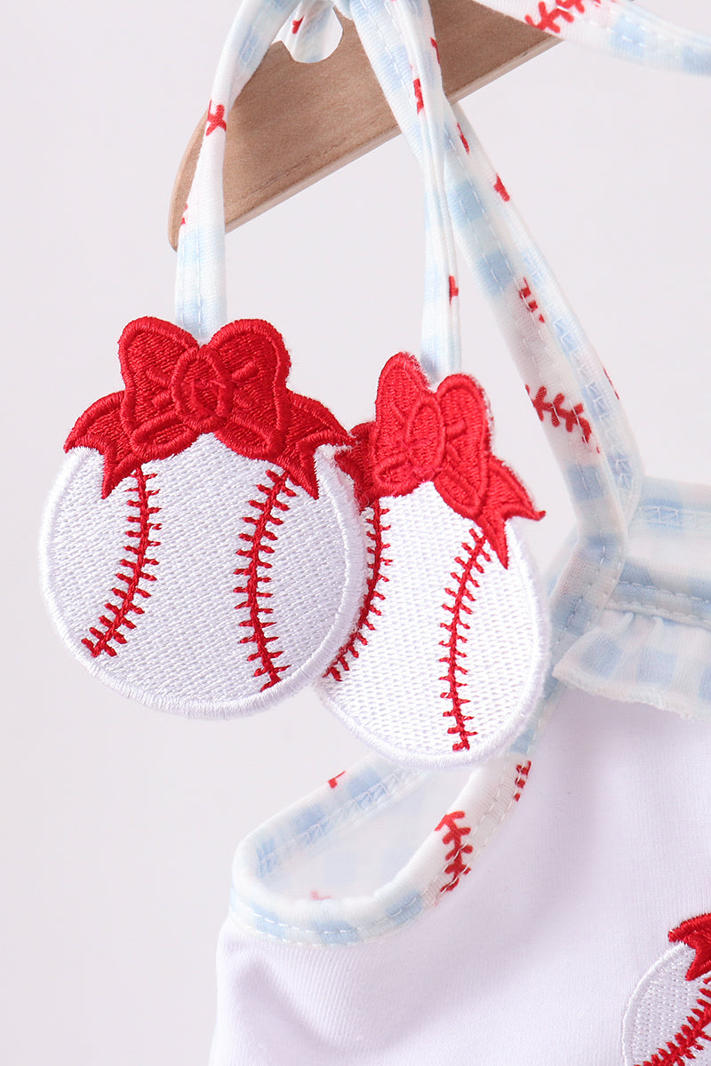 Baseball applique girls ruffle gingham dress