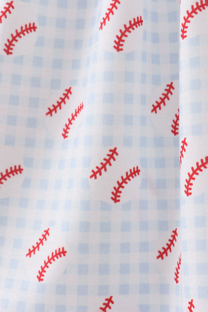 Baseball applique girls ruffle gingham dress