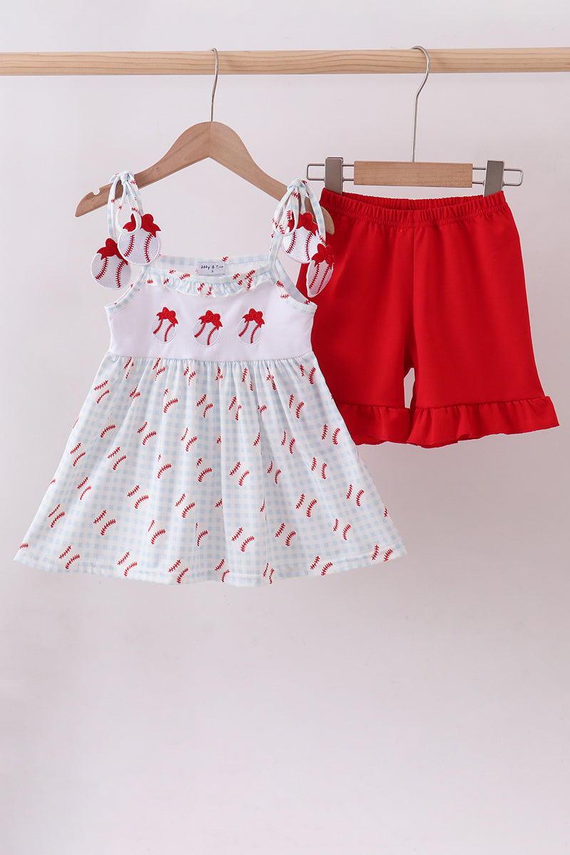Baseball applique ruffle gingham shorts girl set