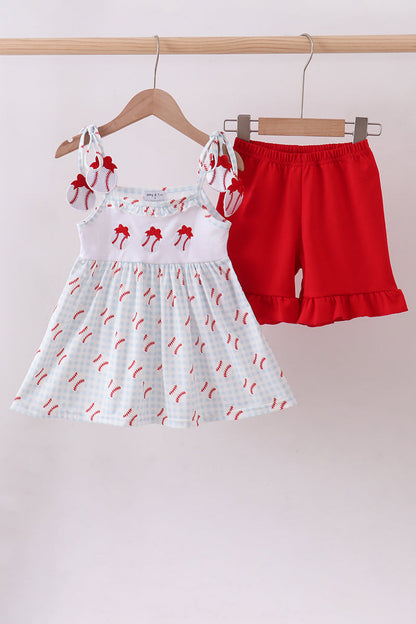 Baseball applique ruffle gingham shorts girl set