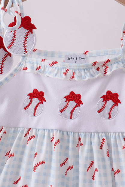Baseball applique ruffle gingham shorts girl set