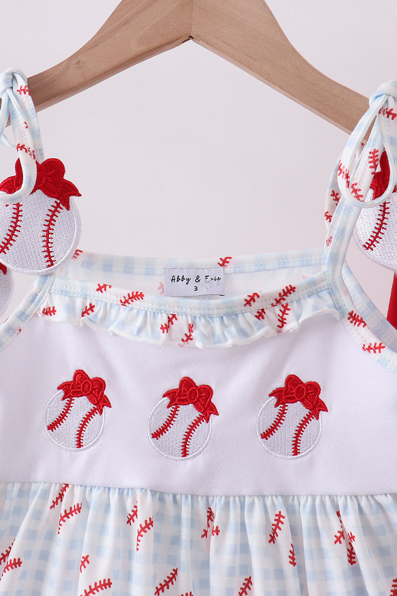 Baseball applique ruffle gingham shorts girl set