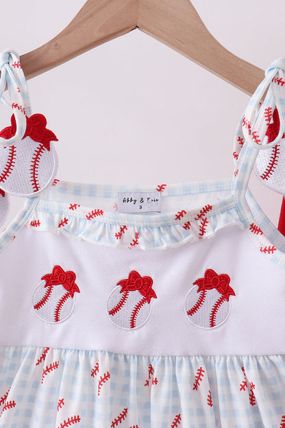 Baseball applique ruffle gingham shorts girl set