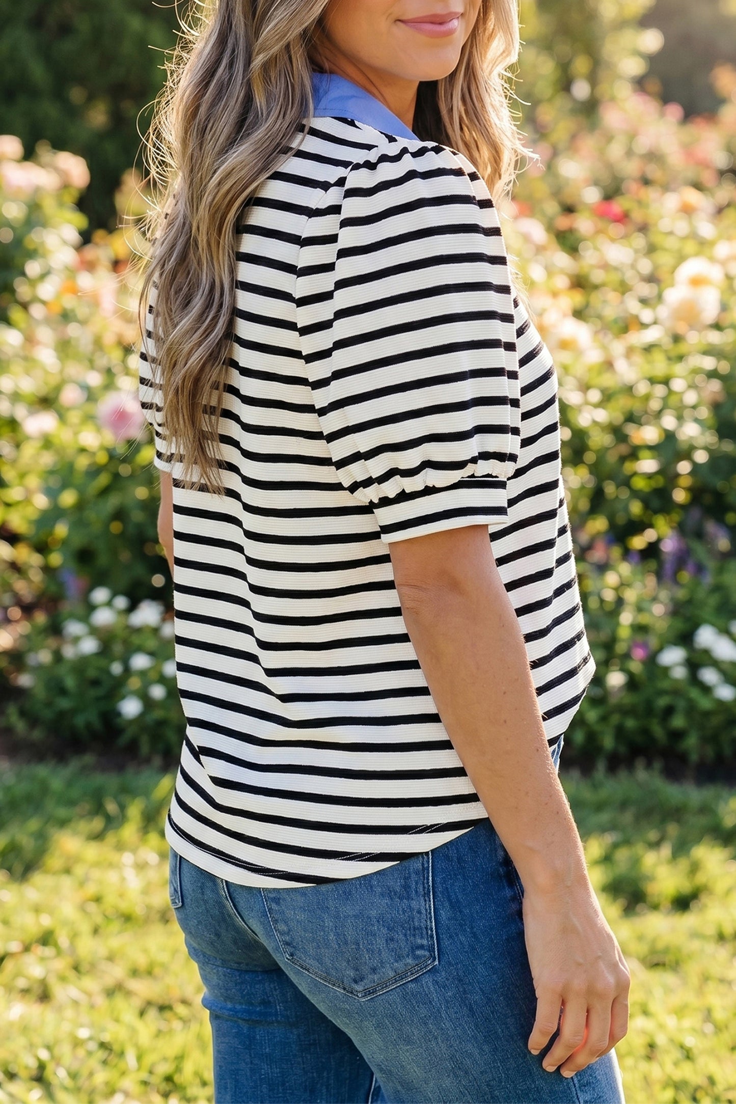 Black Stripe Puff Sleeve Color Block Polo Blouse