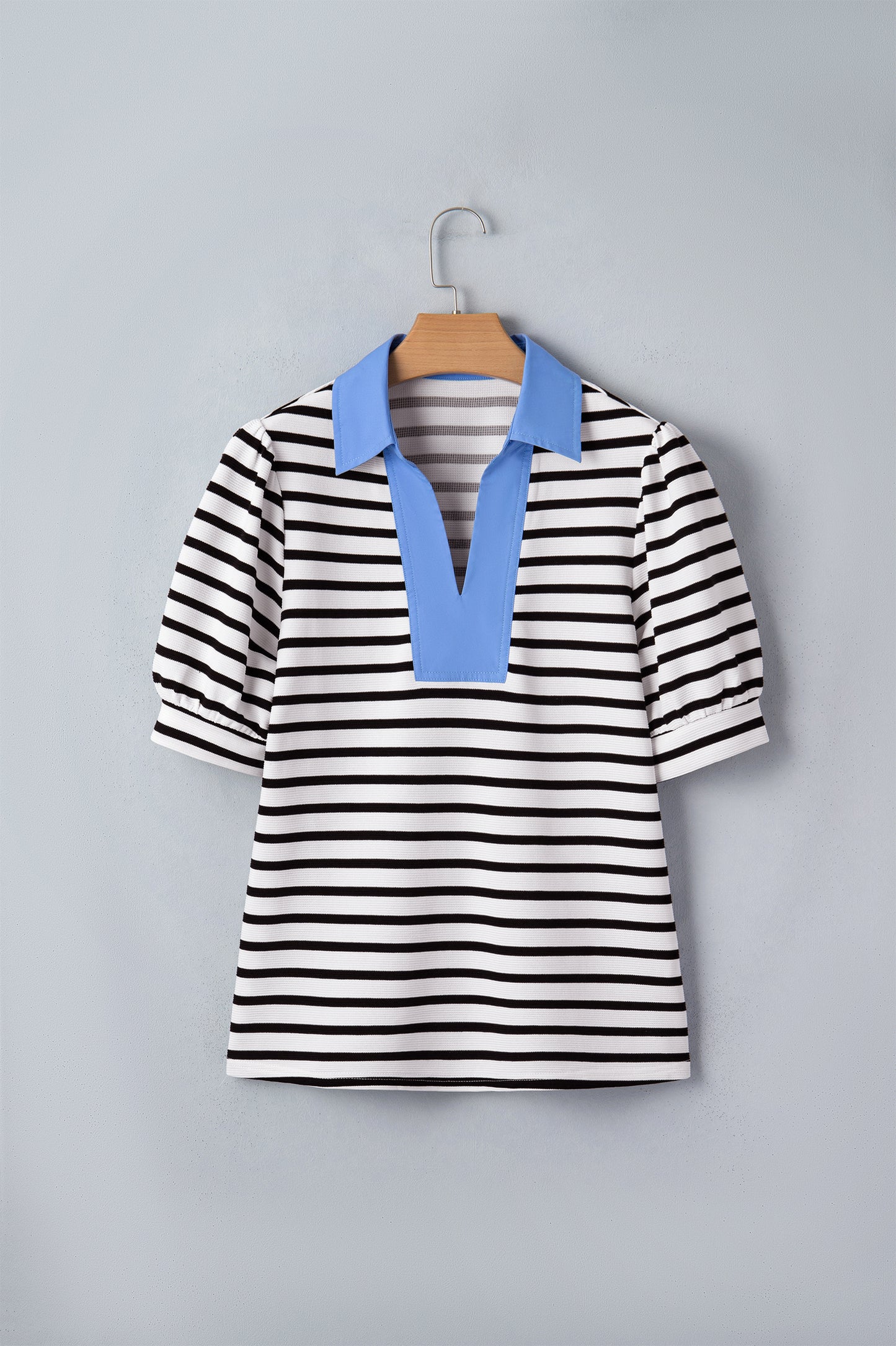 Black Stripe Puff Sleeve Color Block Polo Blouse